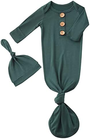 Newborn Baby Boys Girls Knotted Gown Hat Set Soft Bamboo Viscose Infant Sleeper Baby Sleep Gown with Mittens