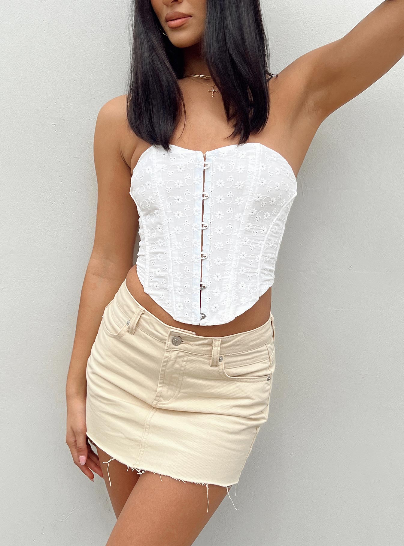 Tianna Cream Denim Mini Skirt Mid Rise