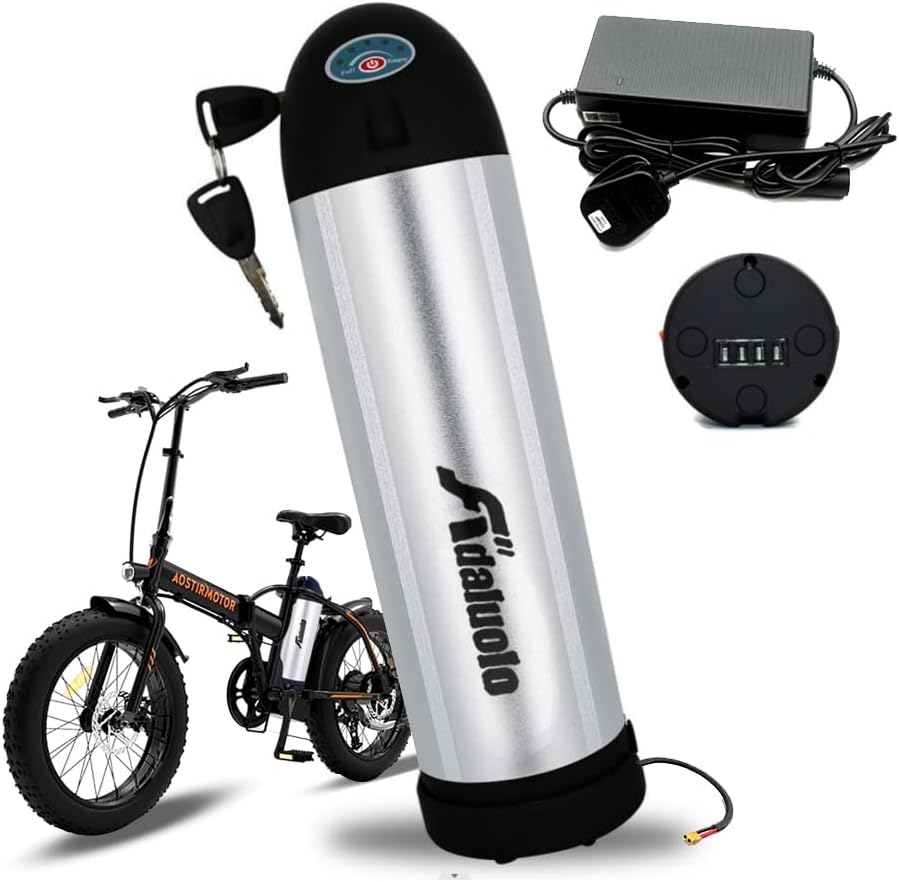 Ebike Battery, 36V 10AH Bottle Electric Bike Battery Pack Silver Lithium ion Bicycle Battery with Charger, 4 Pin Base, Safe Lock for 200W 250W 350W Motor