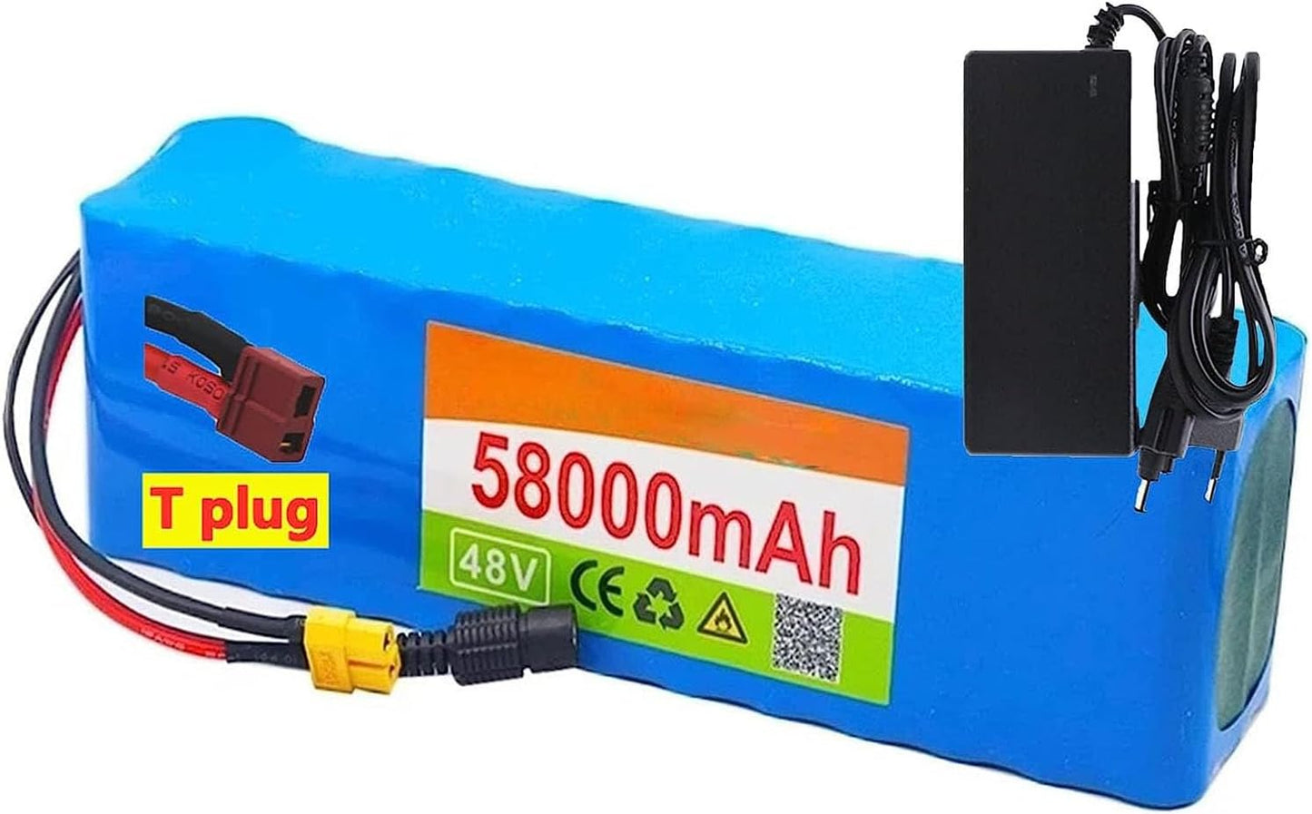 48V 58Ah Electric Bike Lithium Ion Battery Pack, Built-in BMS Comes with Charger, for 200W 500W 1000W Motors,T