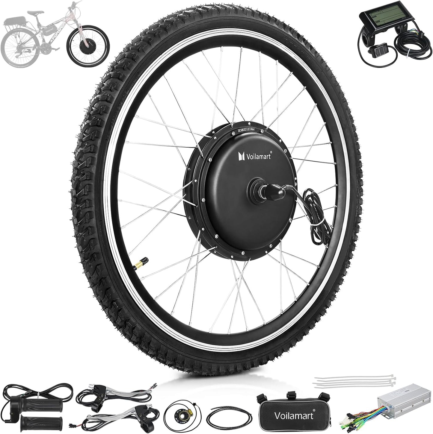 Voilamart 26" Ebike Conversion Kit 48V 1000W Electric Bicycle 100mm Front Hub Motor Wheel Kit E-Bike Conversion Kit with Intelligent Controller PAS System