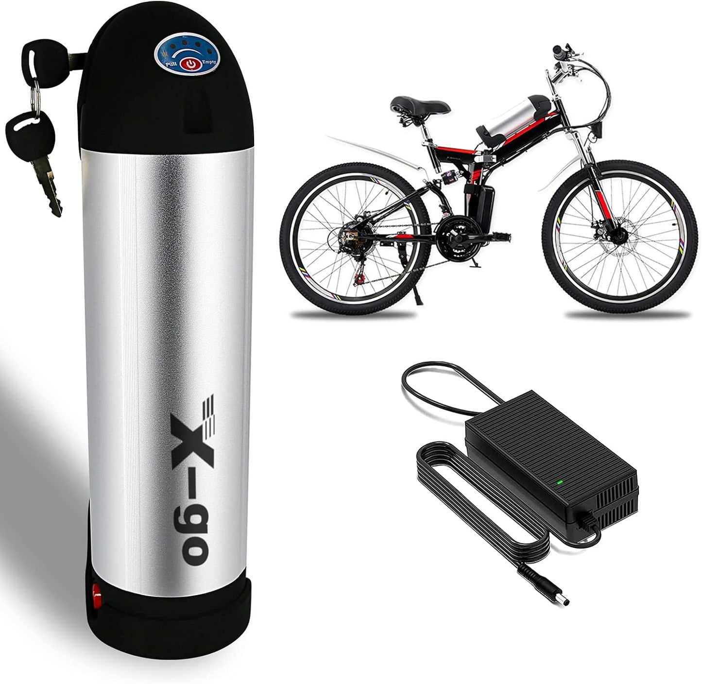 X-go 36V 10Ah Ebike Battery Lithium Li-ion, Electric Bike Battery with Charger and Holder for 200W 250W 350W Electric Bicycle Motor, for Modified Bike/Daily/Outdoor/Widely Applicable