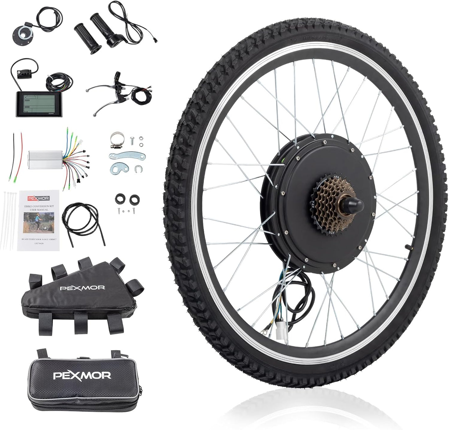 PEXMOR Electric Bike Conversion Kit, 48V 1000W /1500W 26" Front/Rear Wheel E-Bike Hub Motor Kit, Upgrade 3 Mode Controller w/PAS/LCD Display/Twist Throttle Ebike Bicycle Wheel Kit