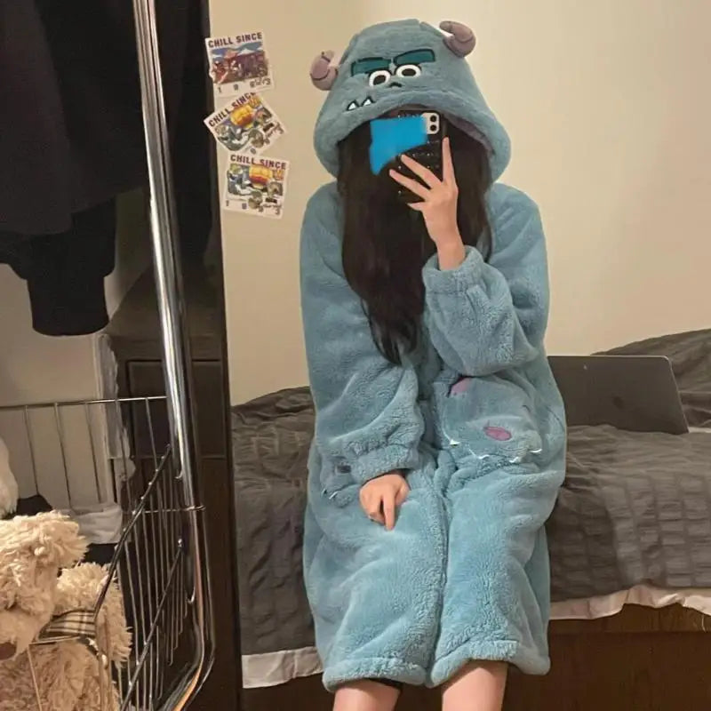 Monster Sleepwear Animal Hooded Winter Flannel Nightgowns Women Sweet Cute Warm Sleepwear Female Thick Plus Size Nightwear Mid-calf Sleepshirts ShopOnlyDeal