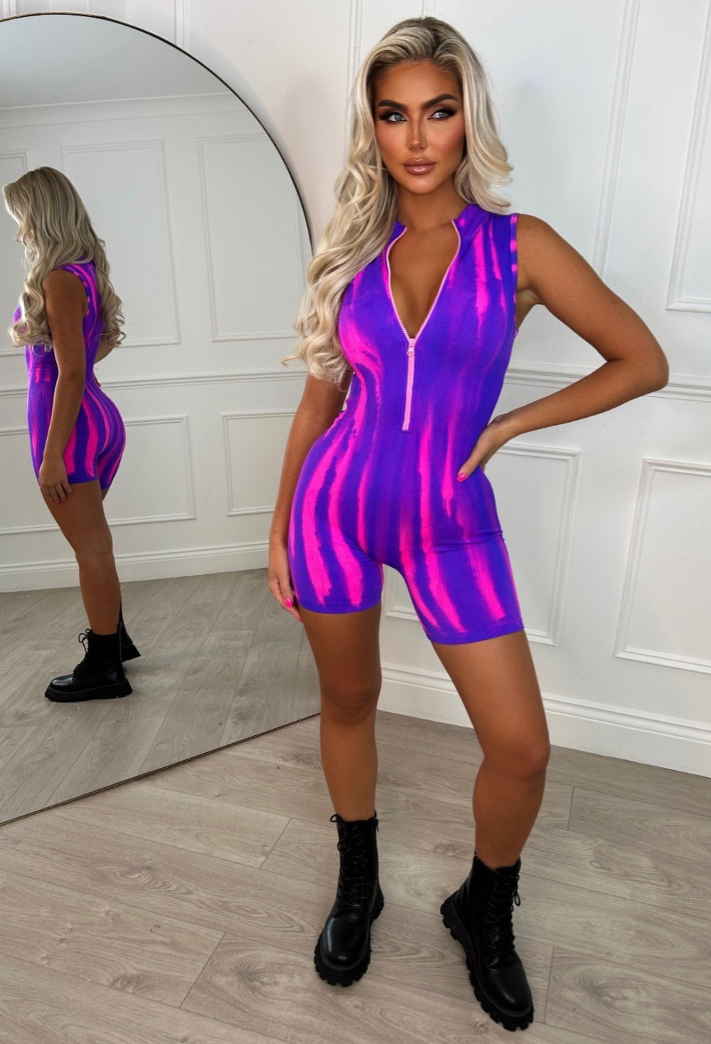 Zipped Tight Hot Pink Two Tone Zip Up Unitard