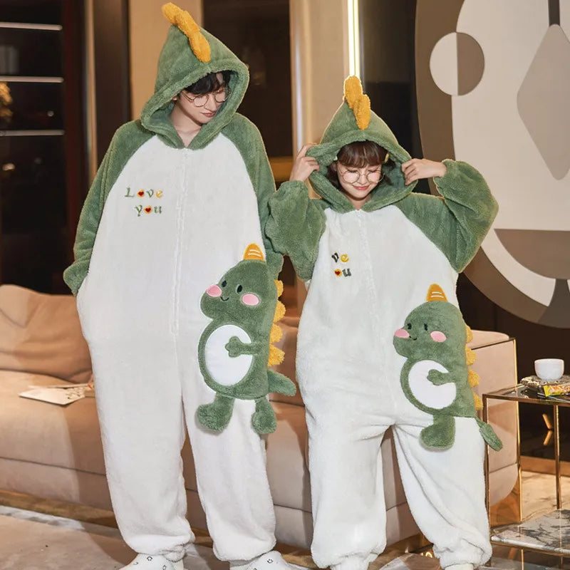 Couples Pajamas Kawaii Jumpsuits Women Men Adult Winter Thicken Kawai Hoodies Pyjamas Sleepwear Anime Cat Korean Loose Onesie Soft Warm Home WU8803 ShopOnlyDeal