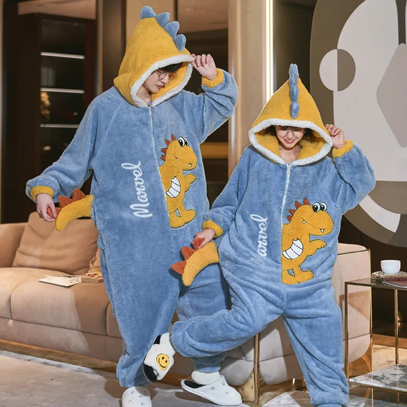 Couples Pajamas Kawaii Jumpsuits Women Men Adult Winter Thicken Kawai Hoodies Pyjamas Sleepwear Anime Cat Korean Loose Onesie Soft Warm Home WU8815 ShopOnlyDeal