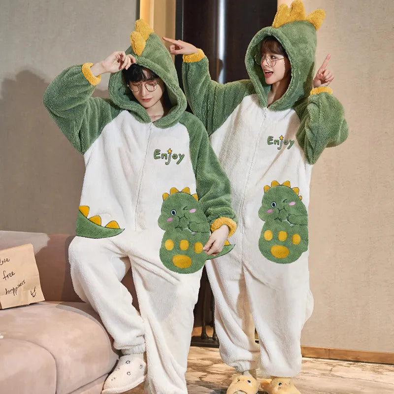Couples Pajamas Kawaii Jumpsuits Women Men Adult Winter Thicken Kawai Hoodies Pyjamas Sleepwear Anime Cat Korean Loose Onesie Soft Warm Home WU8804 ShopOnlyDeal
