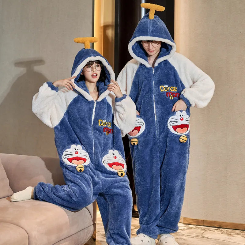 Couples Pajamas Kawaii Jumpsuits Women Men Adult Winter Thicken Kawai Hoodies Pyjamas Sleepwear Anime Cat Korean Loose Onesie Soft Warm Home WU8816 ShopOnlyDeal