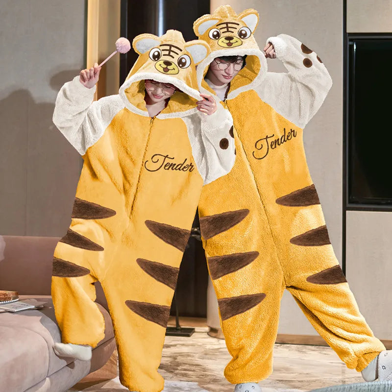 Couples Pajamas Kawaii Jumpsuits Women Men Adult Winter Thicken Kawai Hoodies Pyjamas Sleepwear Anime Cat Korean Loose Onesie Soft Warm Home WU8807 ShopOnlyDeal