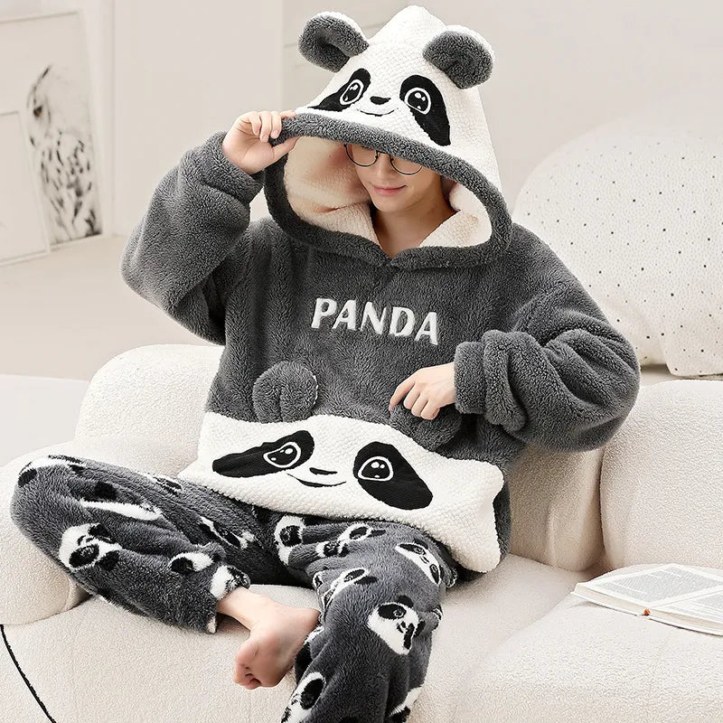 Kawaii Cute Animal Hooded Pajamas For Men's Winter Pajama Sets Sleepwear Kawai Nightwear Long Sleeve Thicken Warm Flannel Soft Plus Size 3Xl G ShopOnlyDeal