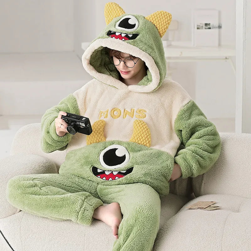 Kawaii Cute Animal Hooded Pajamas For Men's Winter Pajama Sets Sleepwear Kawai Nightwear Long Sleeve Thicken Warm Flannel Soft Plus Size 3Xl Q