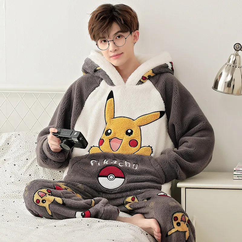Kawaii Cute Animal Hooded Pajamas For Men's Winter Pajama Sets Sleepwear Kawai Nightwear Long Sleeve Thicken Warm Flannel Soft Plus Size 3Xl Y