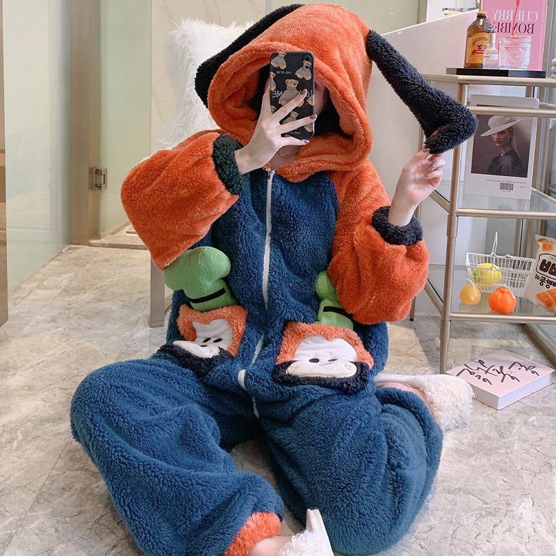 Kawaii Autumn Winter Warm Pajamas Women Sleepwear Winter Pajamas Loose Version One-Piece Cartoon Plush Hooded Nightgown Plus Size 4621