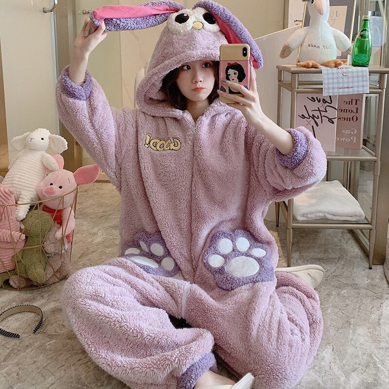 Kawaii Autumn Winter Warm Pajamas Women Sleepwear Winter Pajamas Loose Version One-Piece Cartoon Plush Hooded Nightgown Plus Size 4617