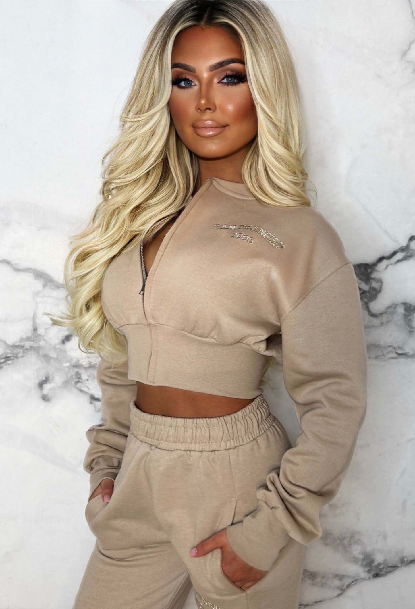 San Fran Dreaming Beige Embroided Cropped Baseball Collar Two Piece Loungewear Set