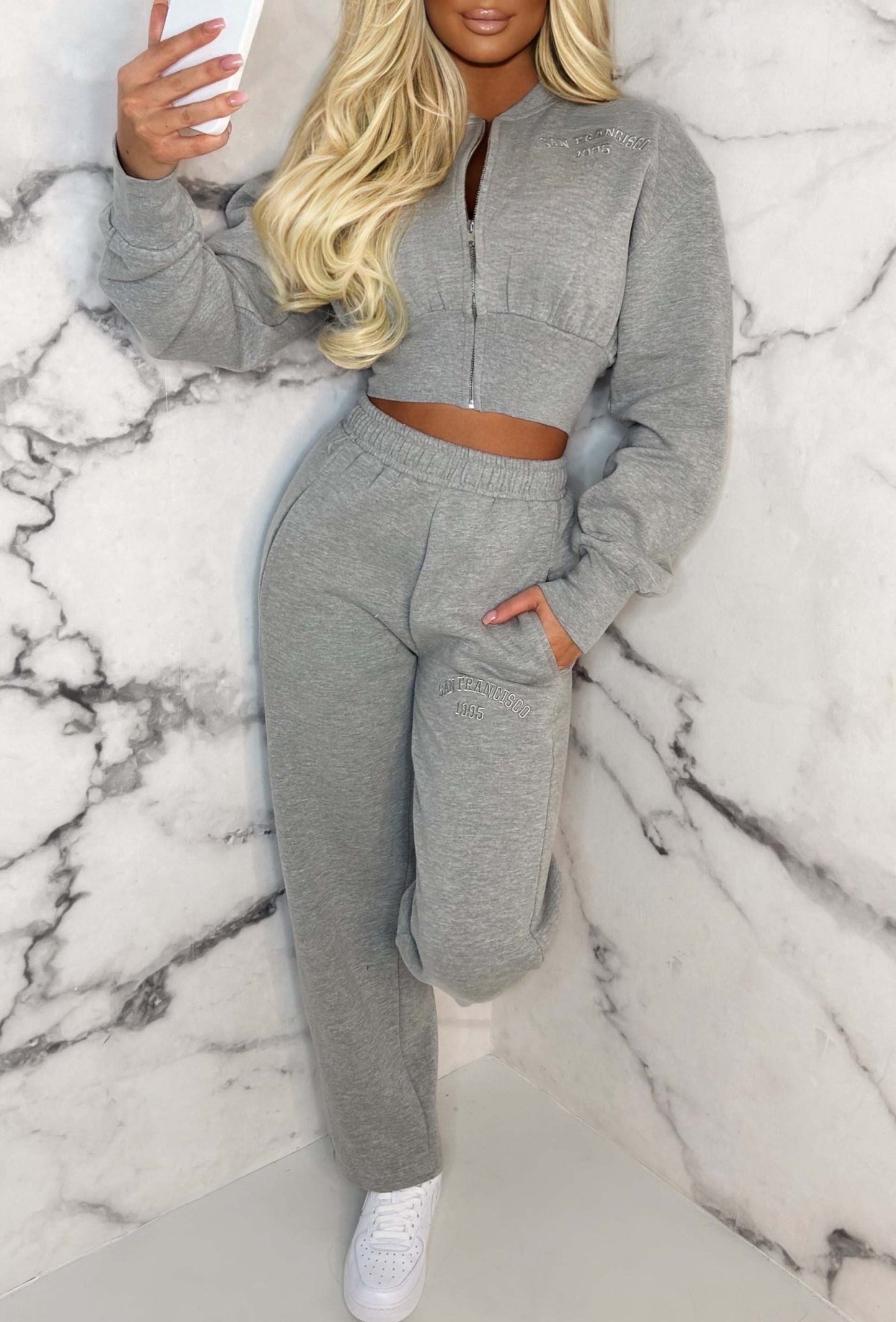 San Fran Dreaming Grey Marl Embroided Cropped Baseball Collar Two Piece Loungewear