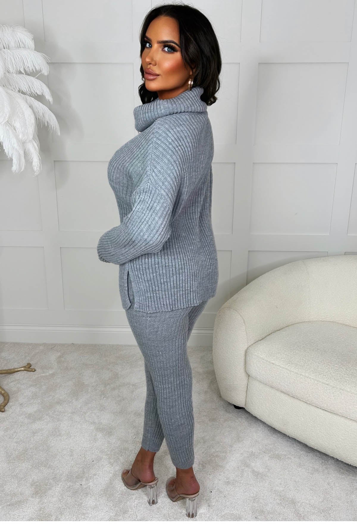 Roll Into Love Grey Chunky Ribbed Roll Neck Knitted Loungewear Co Ord Set