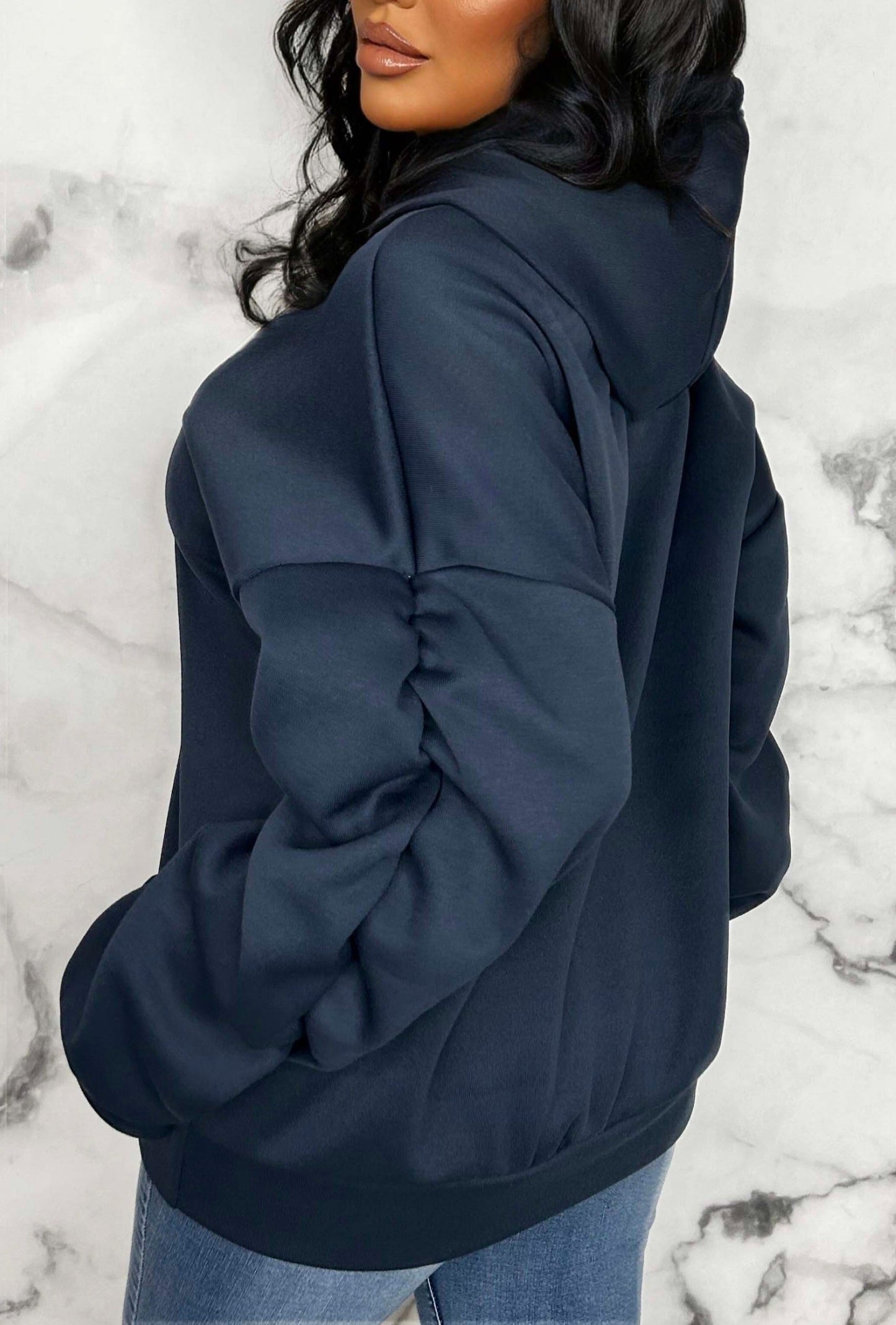 Lounging Around Navy Ruched Sleeve Hooded Sweatshirt