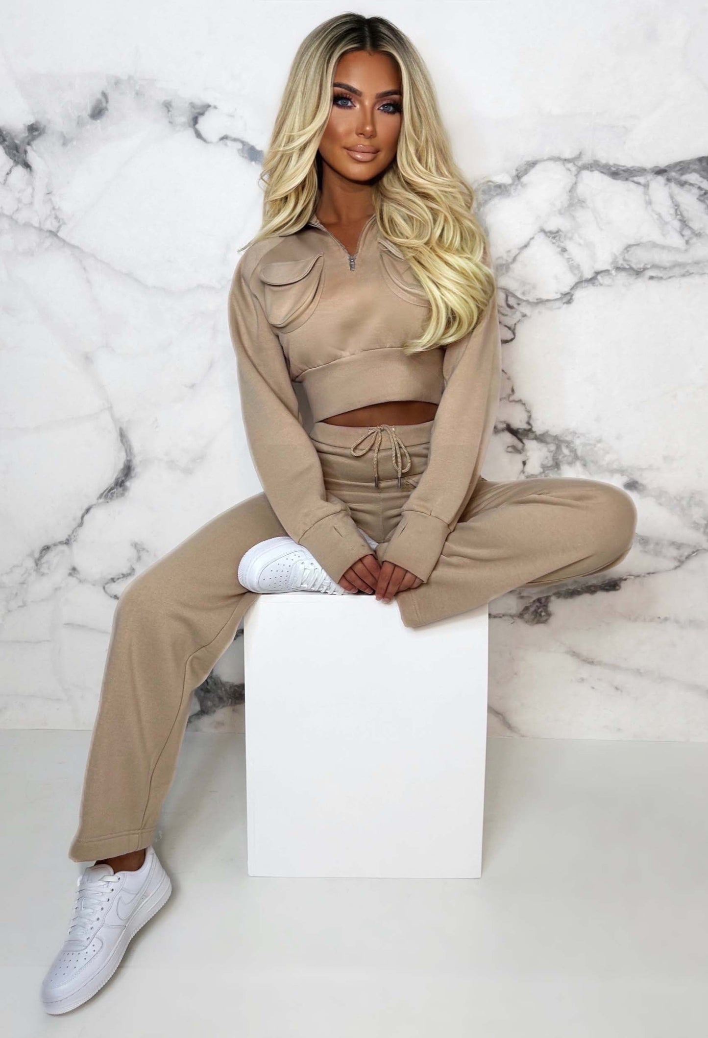 Urban Destination Beige Cargo Pocket Two Piece Loungewear Set