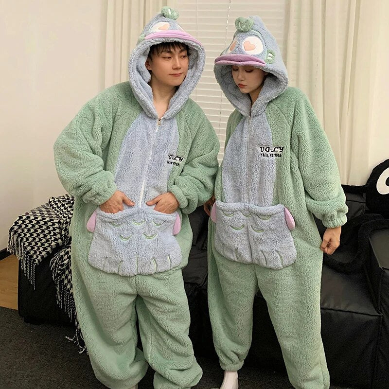 Couple Pajamas Kigurumis Winter Jumpsuits Women Men Coral Fleece Sleepwear Onesie Cartoon Soft Warm Thicken Pyjamas Lover Pijama 8820 ShopOnlyDeal