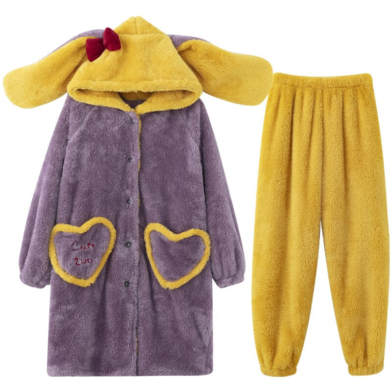 Korean Style Sleepwear Pajamas Plus Size XXL Intensification Japanese Nighty Plush Set Winter Pyjamas Loose Version Medium Style Hooded Pajamas женский 8956zi ShopOnlyDeal