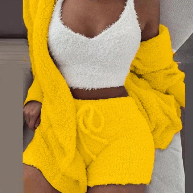 Women's Comfortable Knit Pajama Set Crop-top with V-neck Winter Plush Loungewear Casual 3-Piece Set Long Sleeve Shorts Sports ShopOnlyDeal