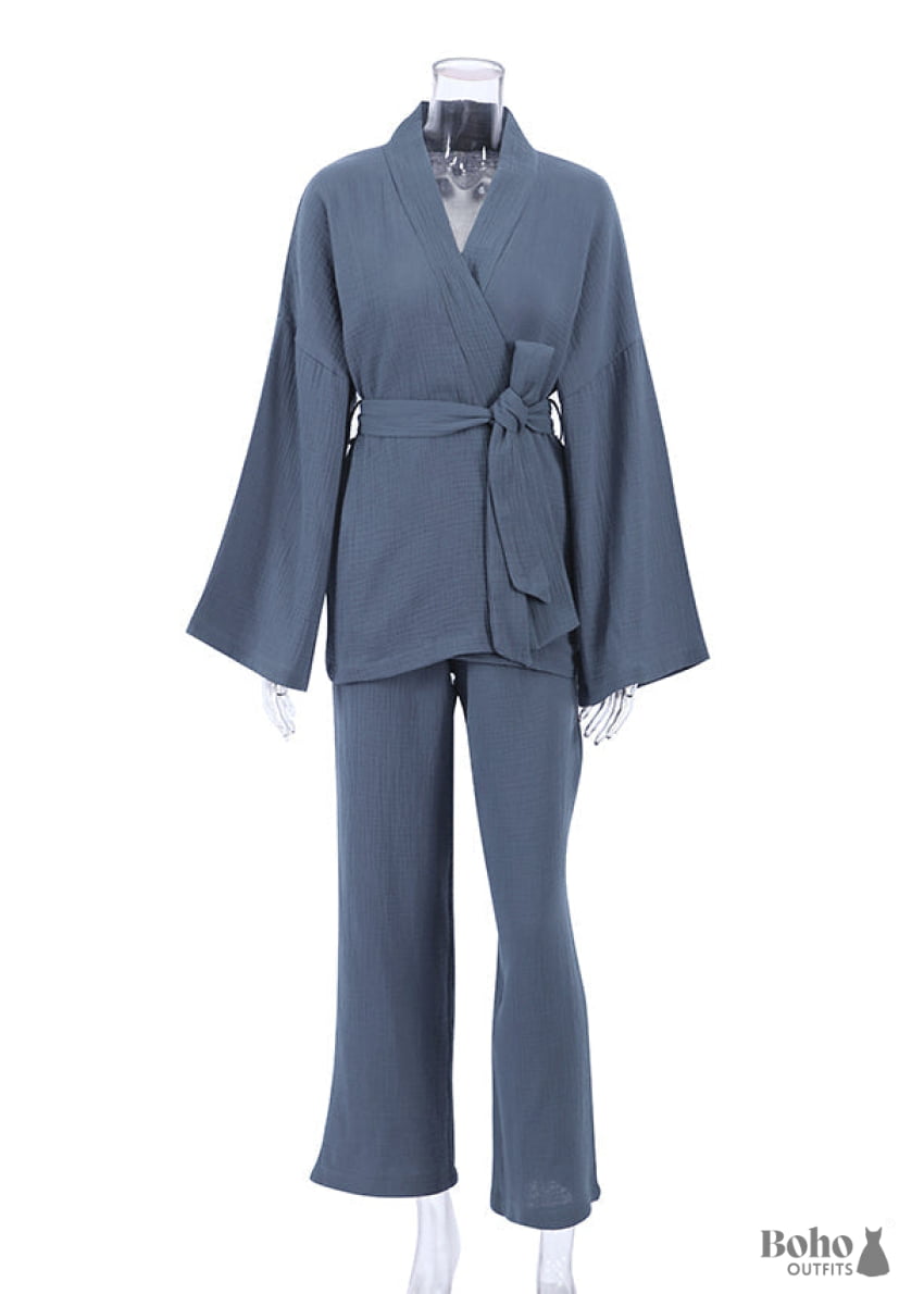 Boho Sleepwear Pajamas Set Emily Cotton in Blue and Navy -