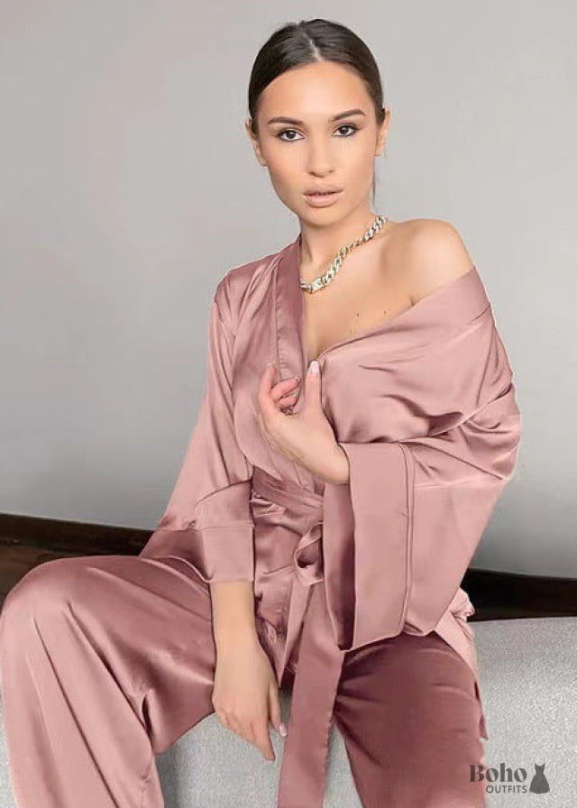 Boho Sleepwear Pajamas Set PJ Satin Clementine in Black Navy