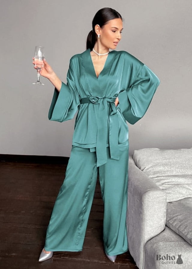 Boho Sleepwear Pajamas Set PJ Satin Clementine in Blue