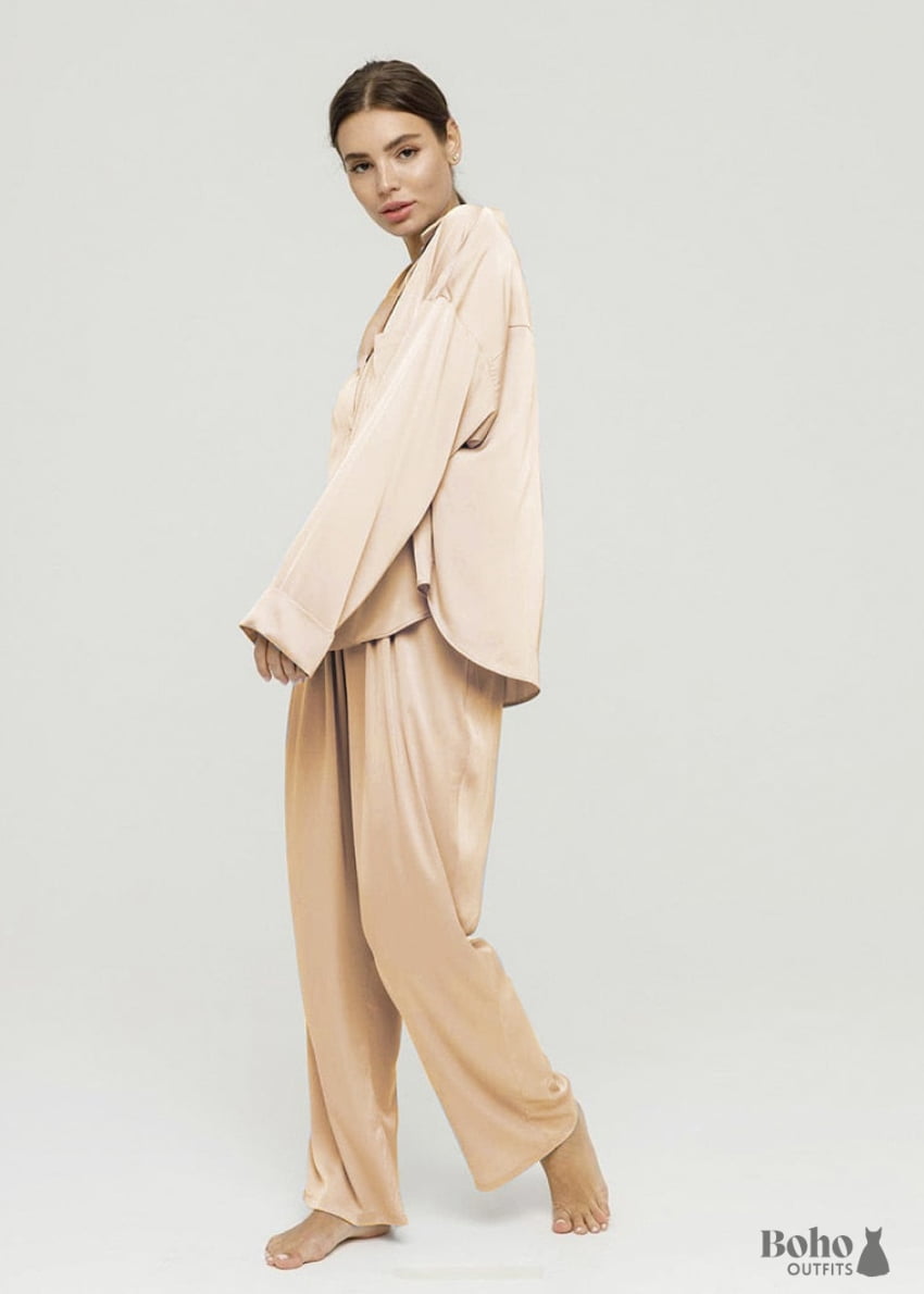 Boho Sleepwear Pajamas Set PJ Satin Corinne in Blue Silver