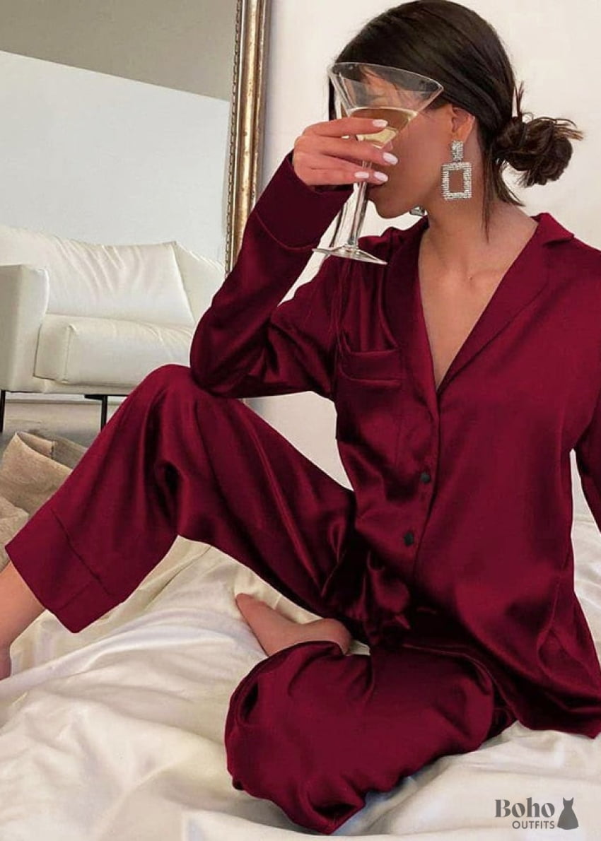 Boho Sleepwear Pajamas Set PJ Satin Corinne in Navy Blue -