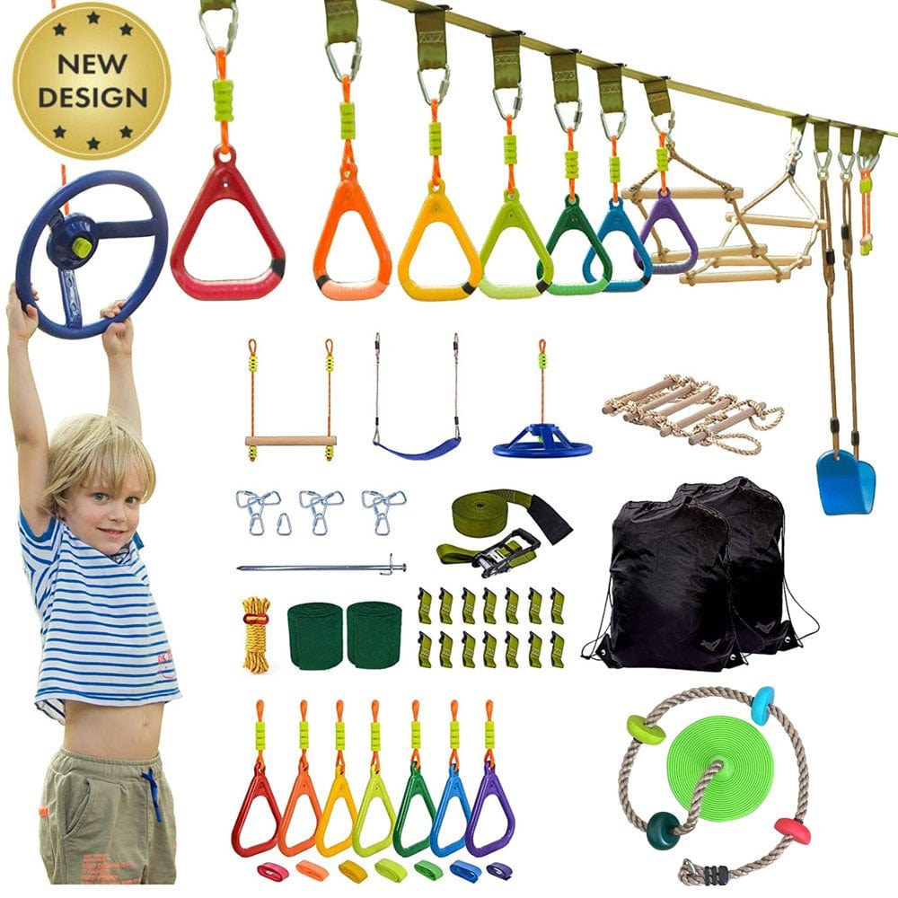 Ninja Line Kids Ninja Warrior Obstacle Course 50FT Ninja Slack Line with Climbing Rope & Belt Swing