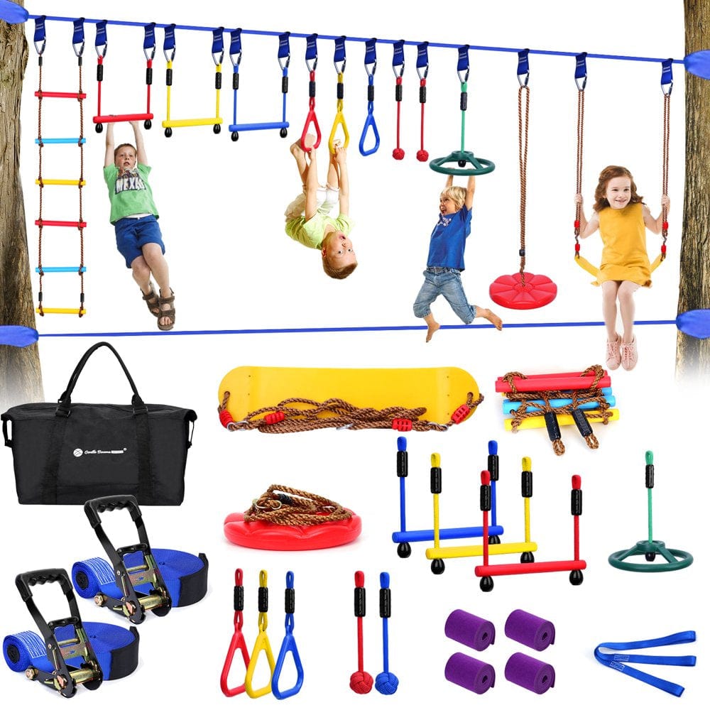 Outdoor Toys for Kids, Gentle Booms Ninja Warrior Obstacle Course for Kids Slackline with Climbing Rope Ladder Swing Seat Monkey Bar Gymnastics Ring Playground Sets for Kids