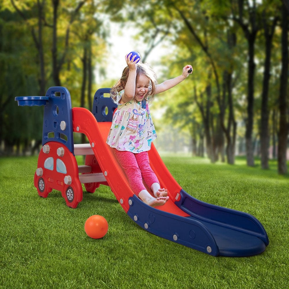 TOBBI Toddler Slide 3 in 1 with Basketball Hoop, Easy Climb Stair, Extra Long Slide and Ball, Kids Kitchen Step Stool