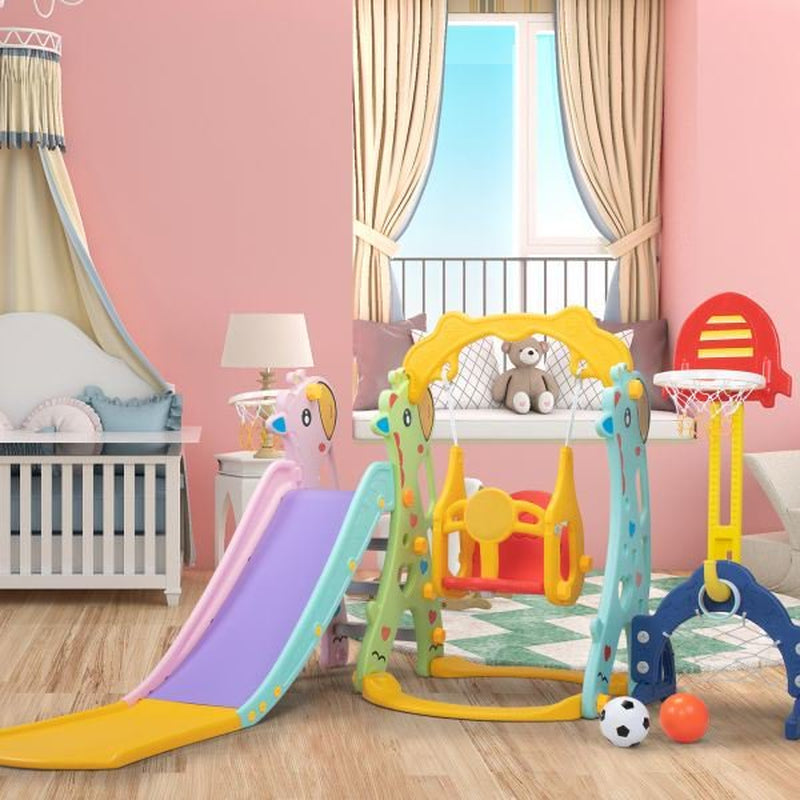 Toddler Climber and Swing Set, 4-In-1 Kids Slide for Age 1-3 Slide and Swing Set,Indoor Playground for Children,Outdoor Slides with Basketball Hoop,Outside Climber Playhouses,Baby Climbing Toys
