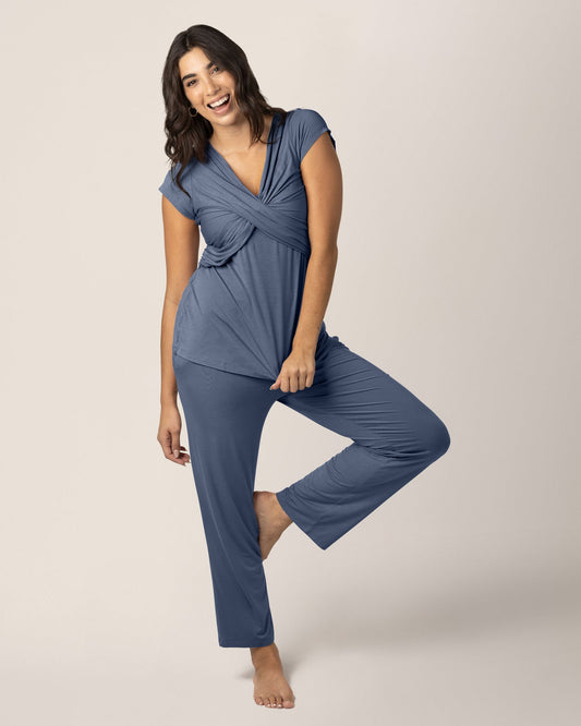 Model wearing the Davy Maternity & Nursing Pajama Set in Slate Blue @model_info:Alexis is 5'10" and wearing a Medium.