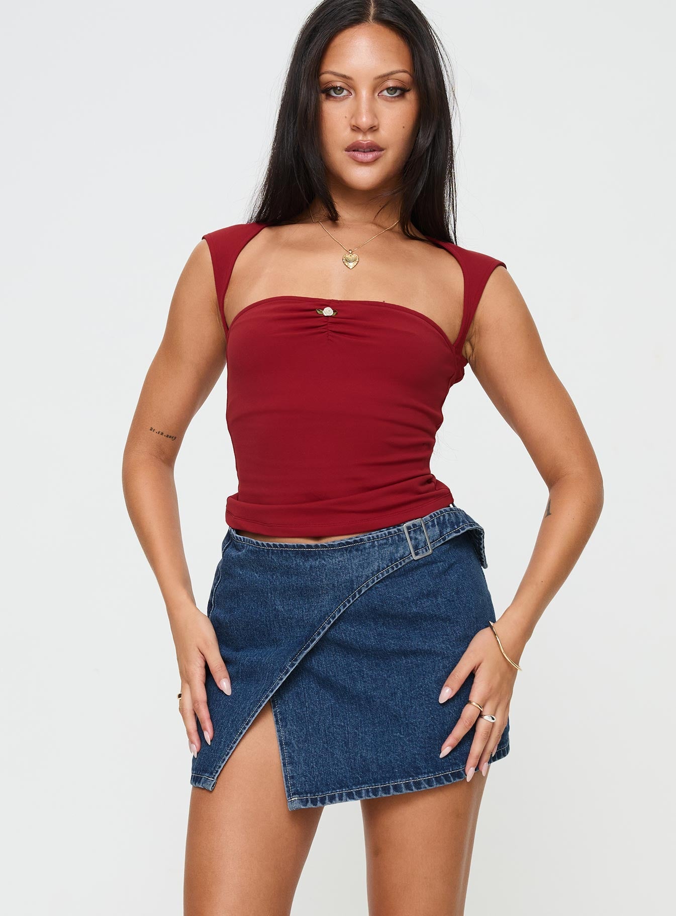 Wait Up Denim Wrap Mini Skirt Mid Wash