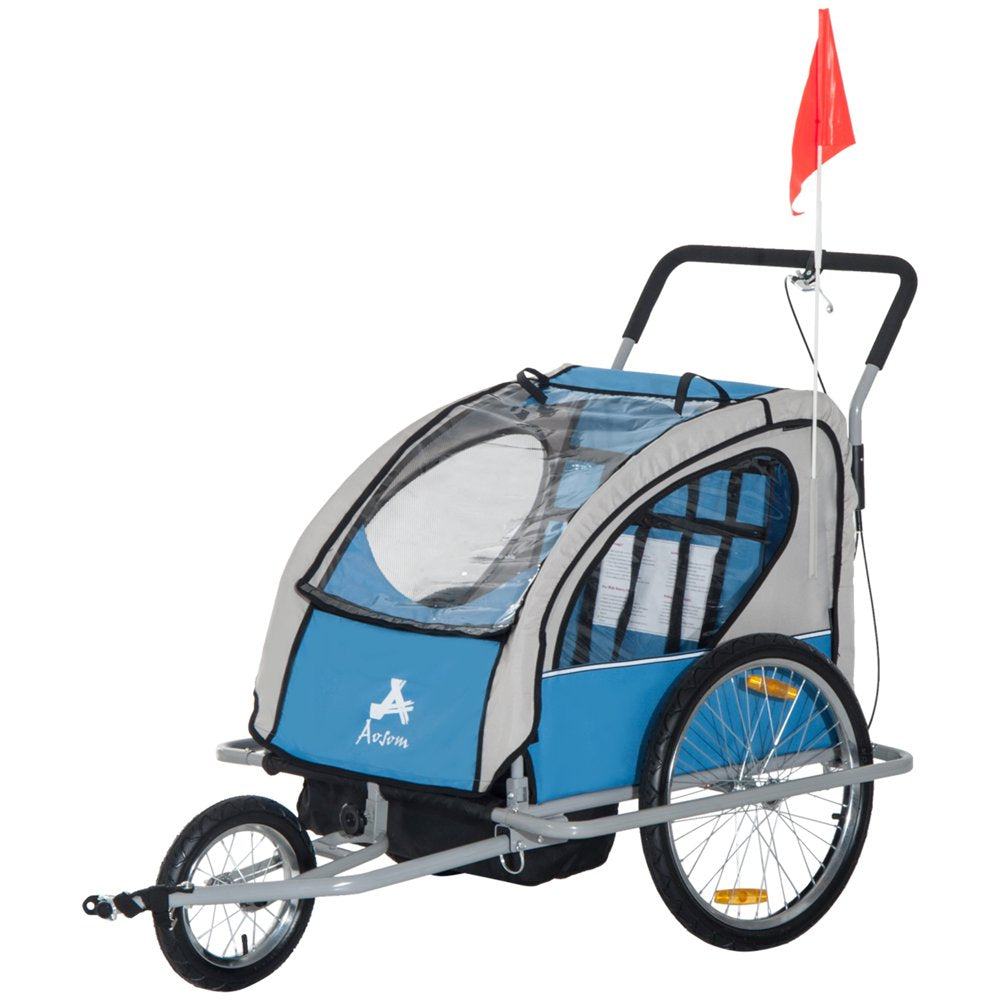 Aosom Elite 2-In-1 Three-Wheel Bicycle Cargo Trailer & Jogger for Two Children with 2 Safety Harnesses & Storage, White