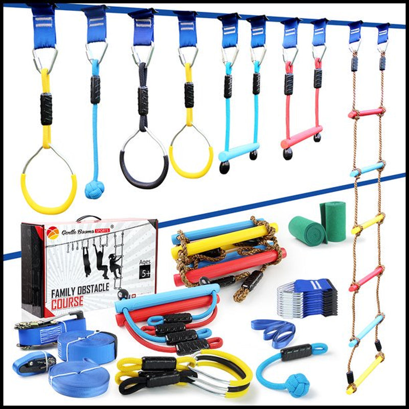 Ninja Warrior Obstacle Course for Kids, Gentle Booms Outdoor Playground Sets for Kids 56Ft Ninja Slackline with Most Complete Accessories for Kids Swing Climbing Rope Ladder Monkey Bar Arm Trainer