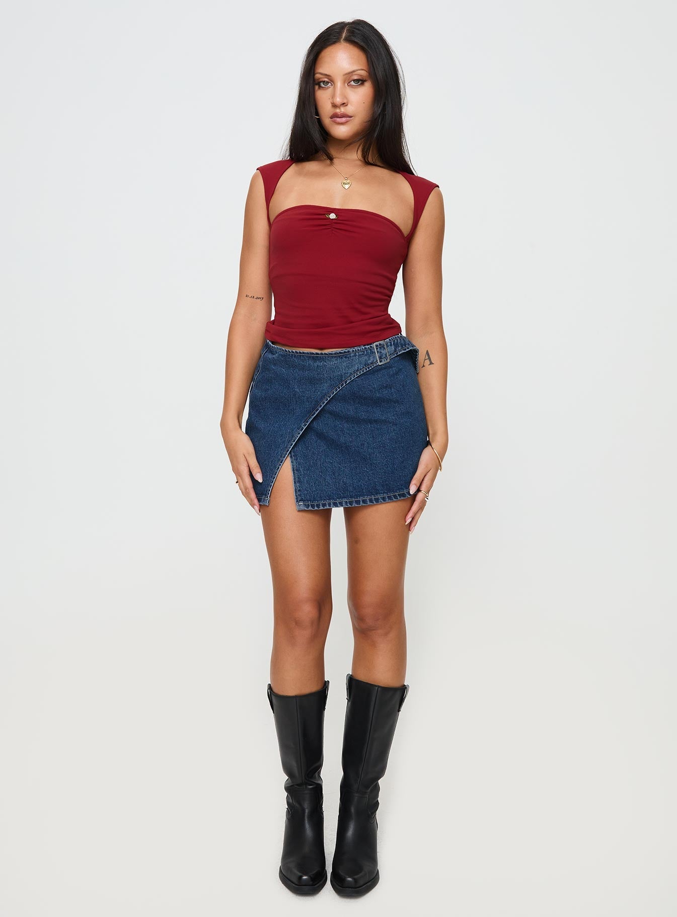 Wait Up Denim Wrap Mini Skirt Mid Wash