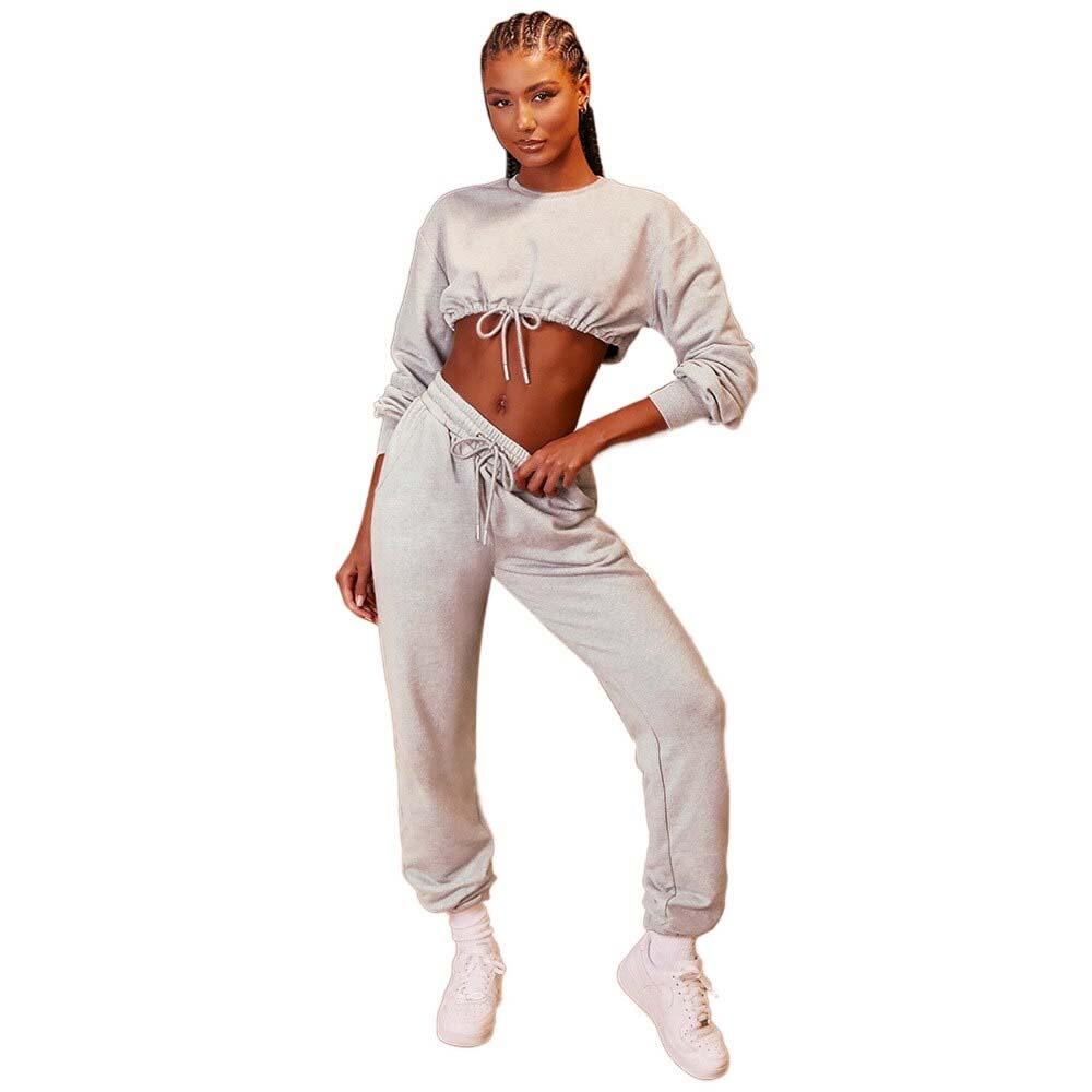 2-Piece Set: Drawstring Short Top Hooded Tops Sweatshirt Pants Set