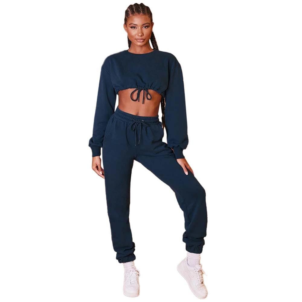 2-Piece Set: Drawstring Short Top Hooded Tops Sweatshirt Pants Set