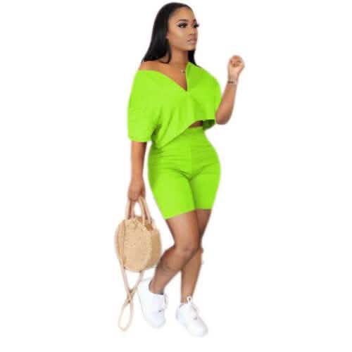 Women wearing 2-Piece Set: Women Solid Color Short Sleeves Zipper Casual Jumpsuit Outfits in neon green