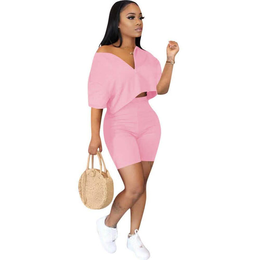 Women wearing 2-Piece Set: Women Solid Color Short Sleeves Zipper Casual Jumpsuit Outfits in pink