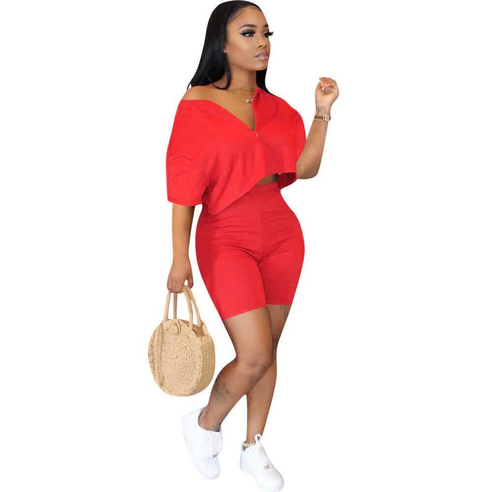 Women wearing 2-Piece Set: Women Solid Color Short Sleeves Zipper Casual Jumpsuit Outfits in red