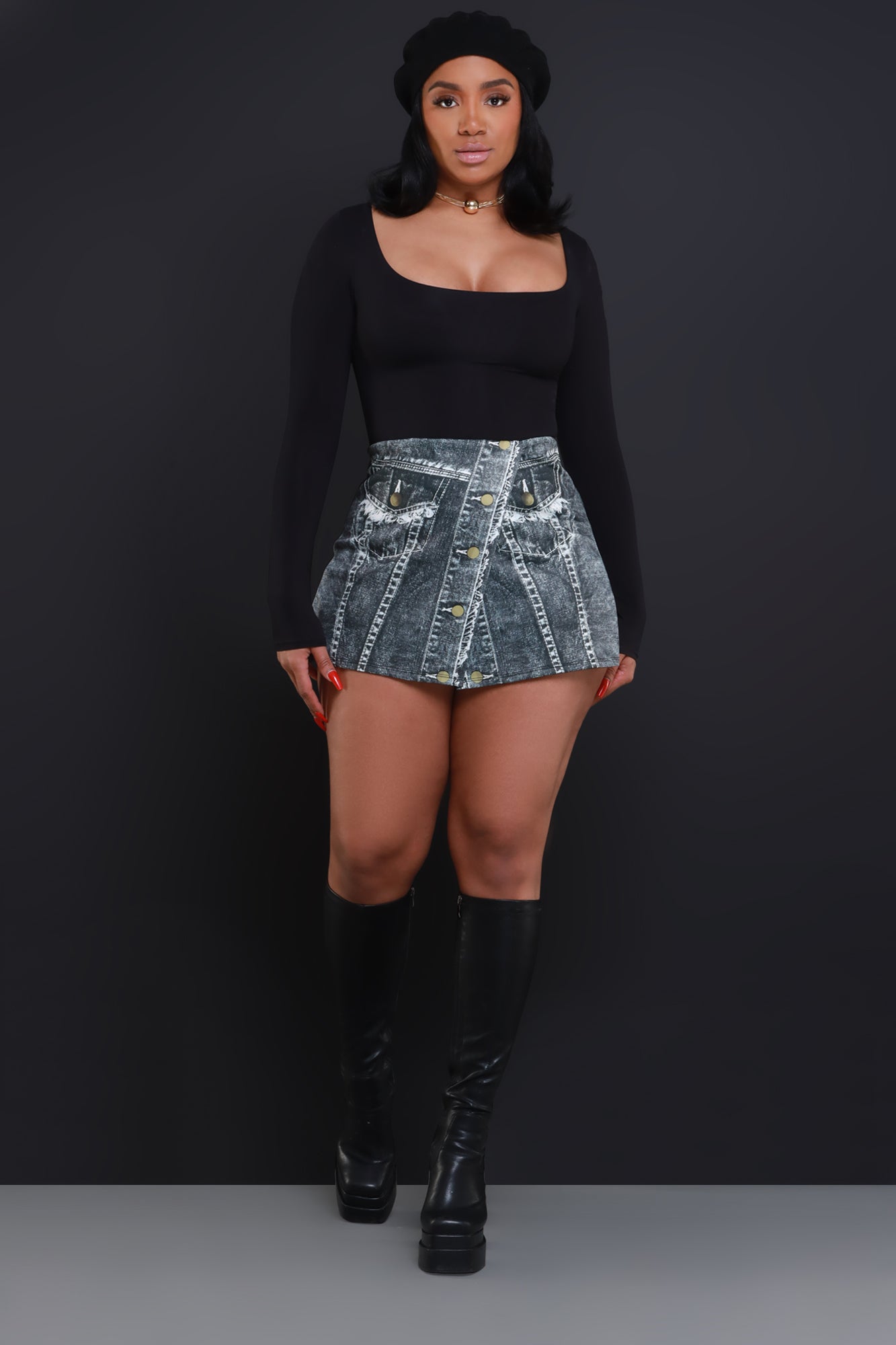 Switch It Up Denim Print Skort - Black