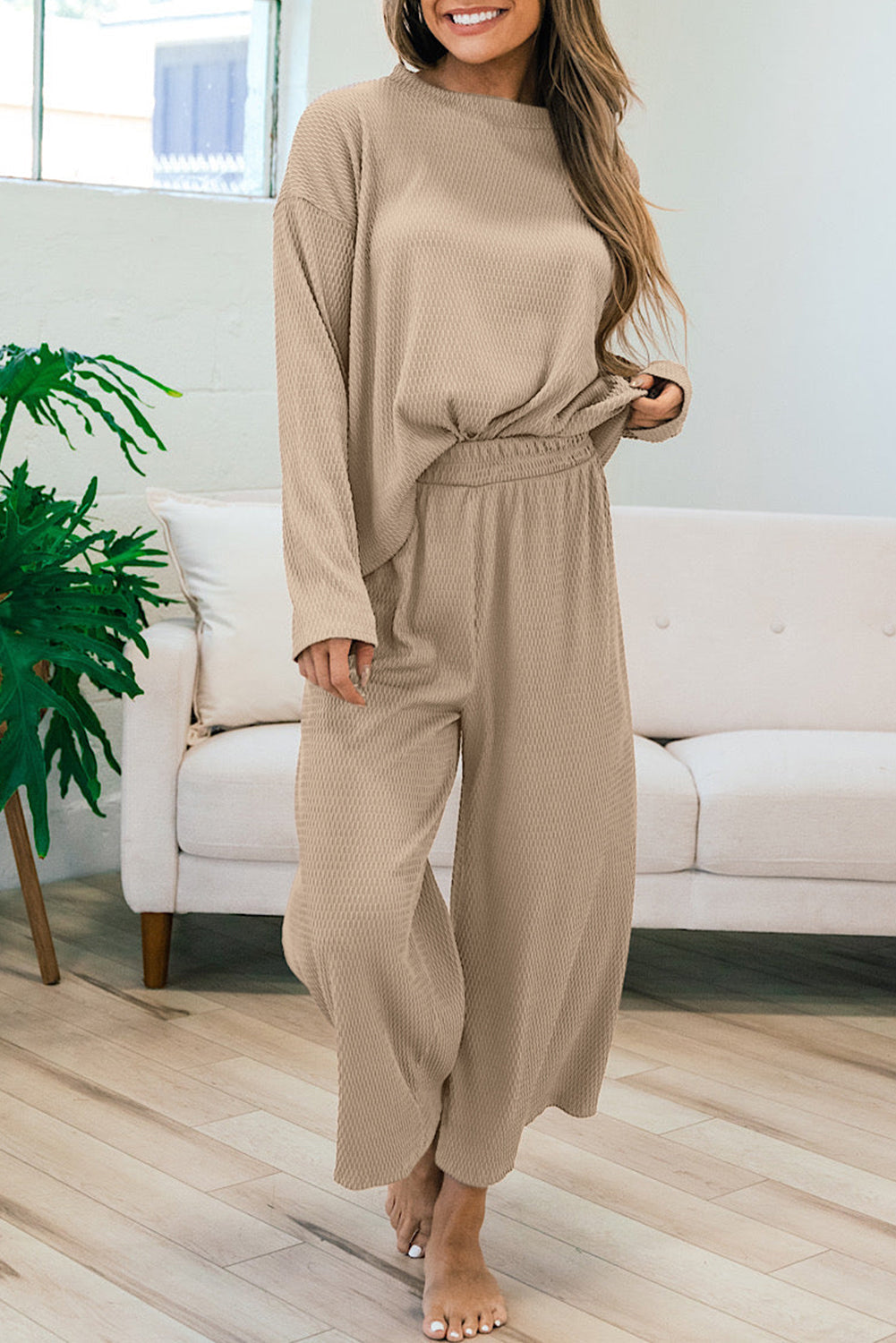 Smoke Gray Loose Textured Pullover and Pants Outfit - SELFTRITSS