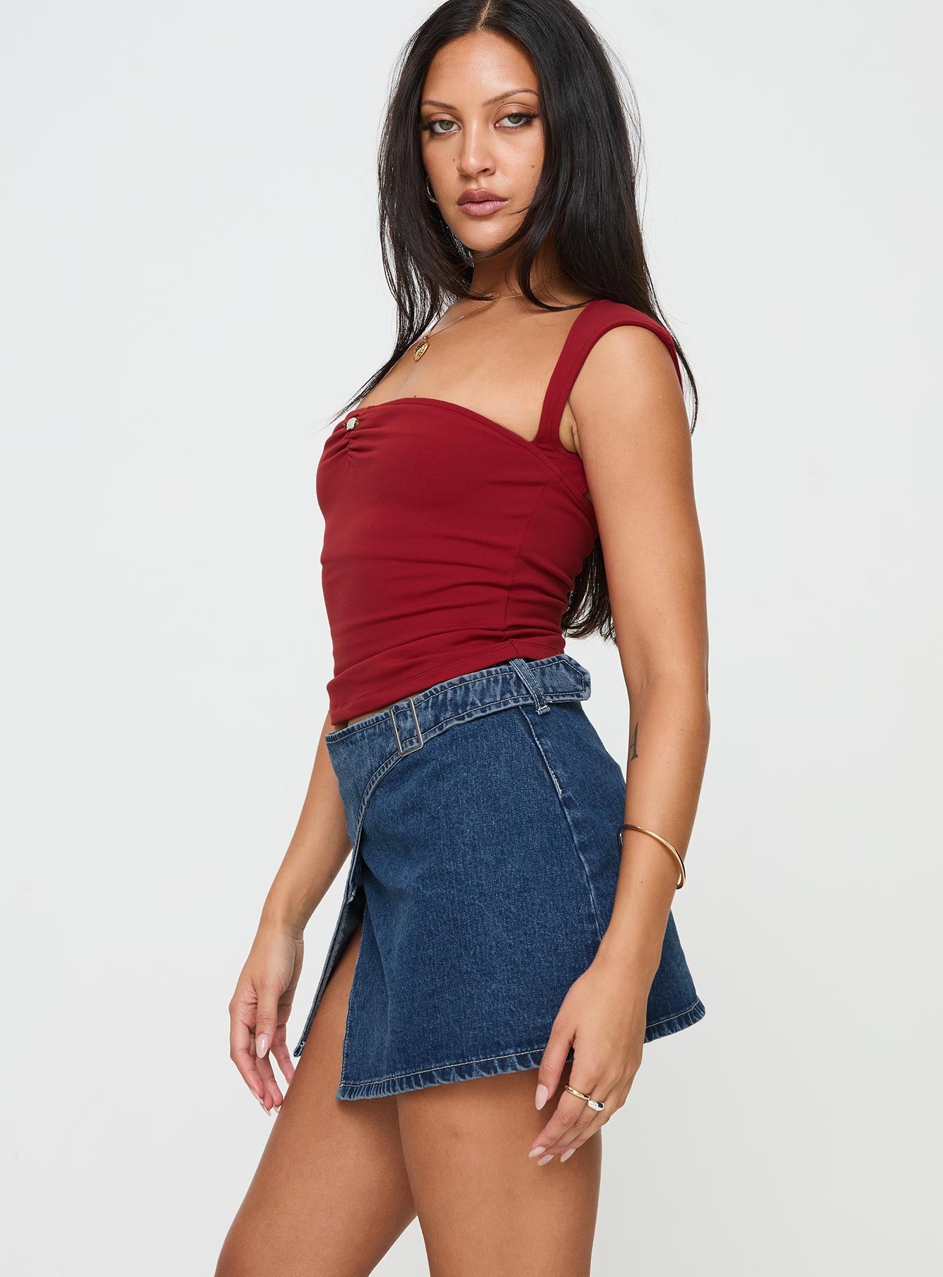 Wait Up Denim Wrap Mini Skirt Mid Wash