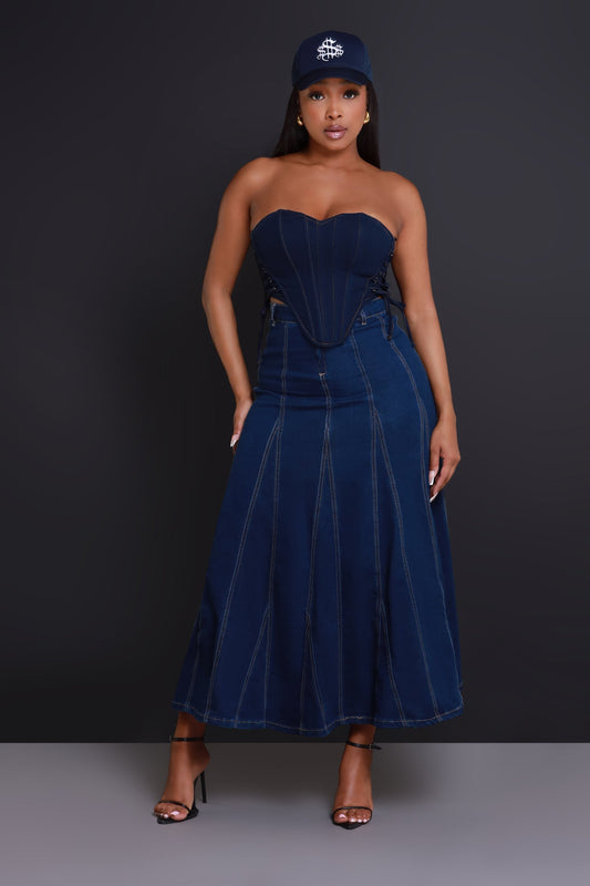 Owe You One Flared Denim Maxi Skirt - Dark Wash